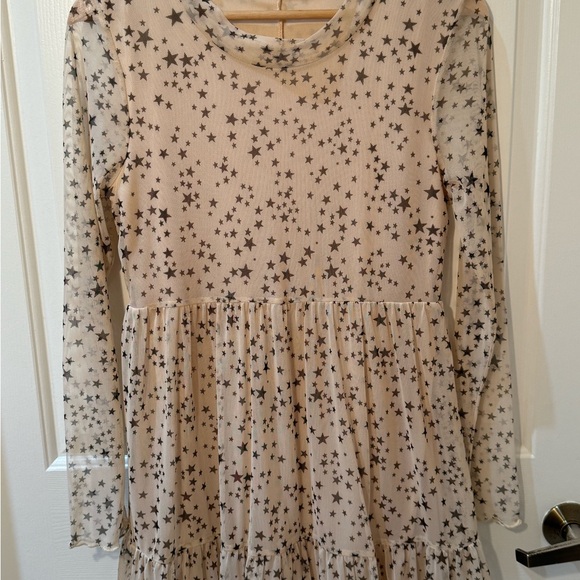 EUC- Altar’d State Pink Sheer Tiered Long Sleeve Mesh Dress with Black Stars - Picture 7 of 9